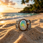 Sunlit Lagoon handcrafted Australian Coober Pedy opal ring in .925 sterling silver with a 14K gold rope bezel accent and gold accent ball.