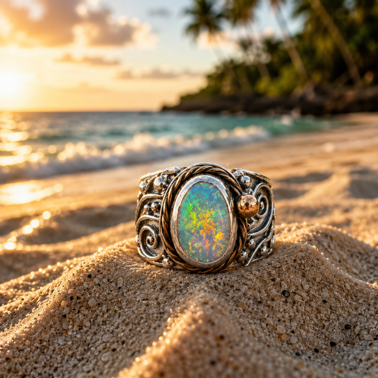 Sunlit Lagoon handcrafted Australian Coober Pedy opal ring in .925 sterling silver with a 14K gold rope bezel accent and gold accent ball.