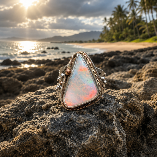 Celestial Tide handcrafted Australian crystal opal ring in .925 sterling silver with a 14K gold rope bezel, gold accents, and sculpted starfish.