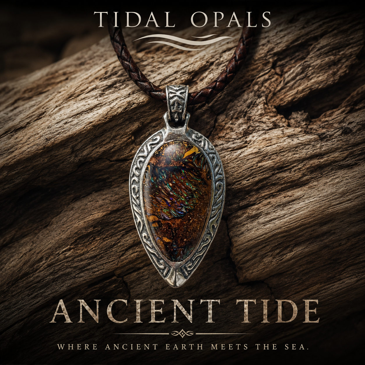 Ancient Tide one-of-a-kind Australian Boulder Opal pendant handcrafted in solid .950 silver by TIDAL OPALS, featuring a natural 31 x 18 mm boulder opal with blue, teal, green, violet, and gold play-of-color, hand-engraved details, and an intricate hand-pierced backplate.