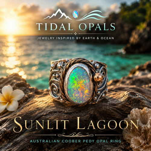 Sunlit Lagoon handcrafted Australian Coober Pedy opal ring in .925 sterling silver with a 14K gold rope bezel accent and gold accent ball.