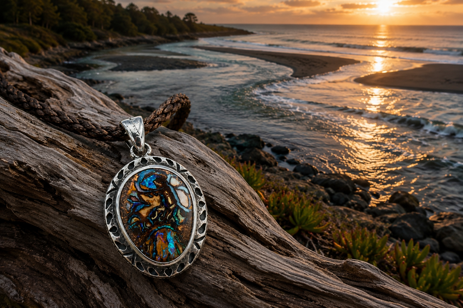 Unique Tidal Confluence pendant by TIDAL OPALS featuring a natural Australian Boulder Opal with striking coastal-inspired color play.
