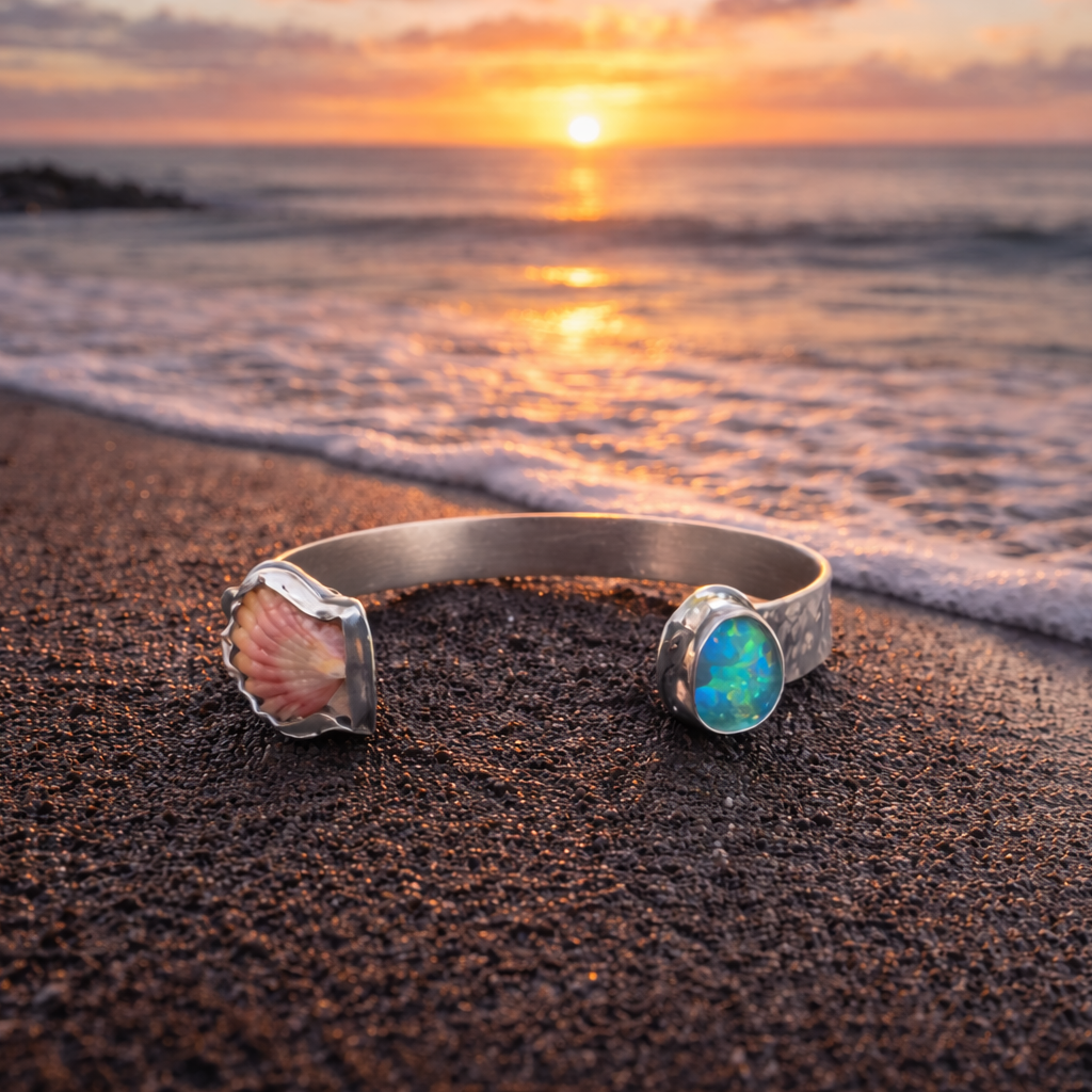 Ocean Sunrise Shell + Australian Opal Cuff Bracelet