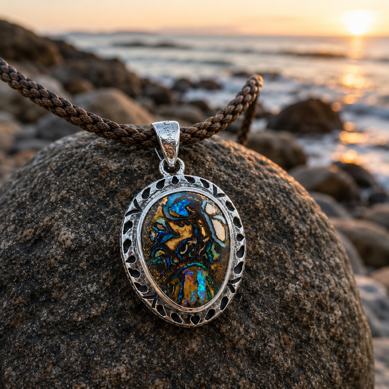 Artisan-crafted one-of-a-kind Boulder Opal pendant from the Mariner Collection presented in a polished sterling silver setting.