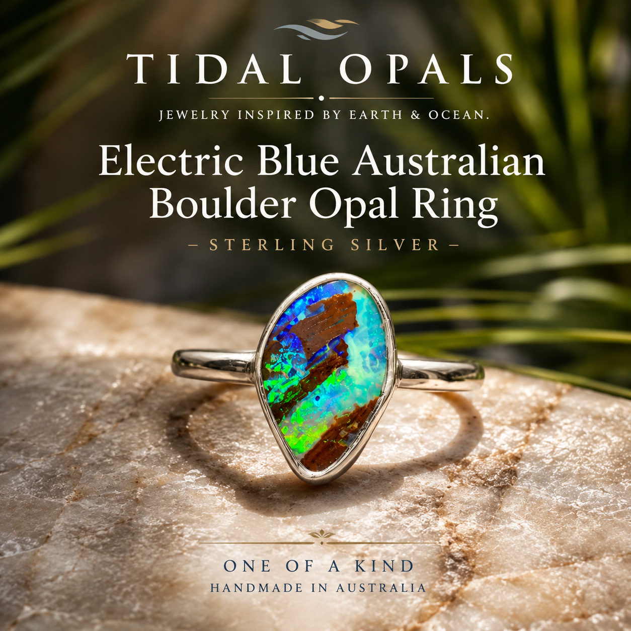 Electric Blue Australian Boulder Opal Ring – Sterling Silver – Size 8