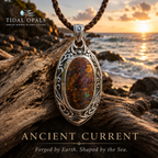 Ancient Current handcrafted Australian Boulder Opal pendant in sterling silver with Polynesian Koru-inspired scrollwork featuring vibrant blue and green flashes.