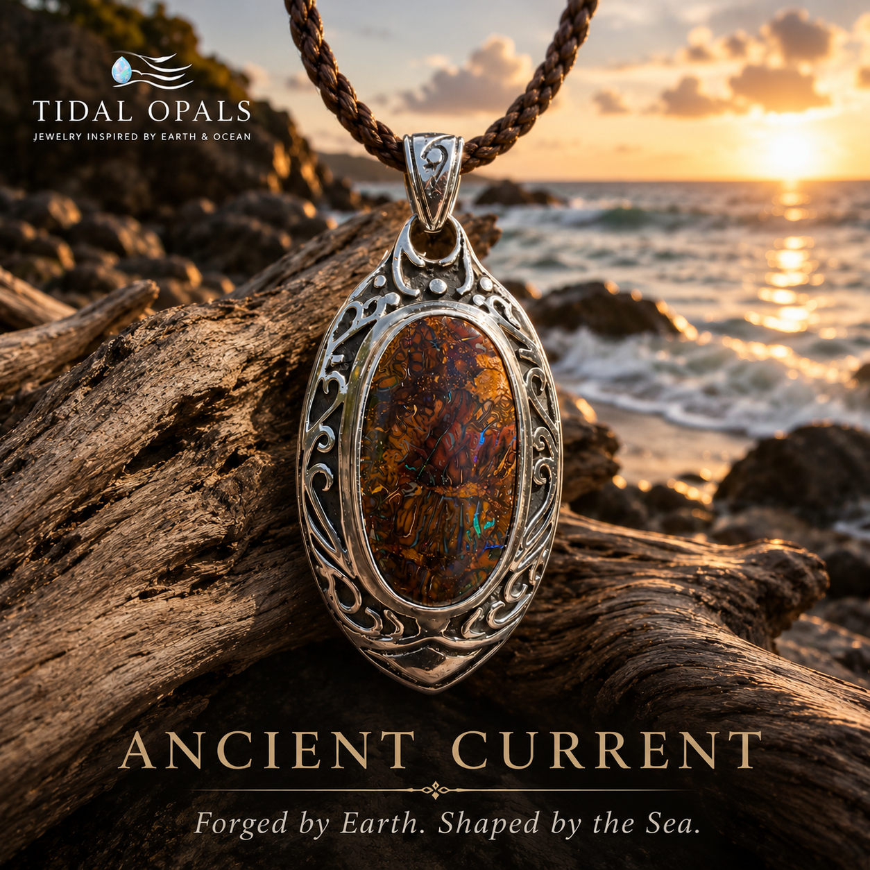 Ancient Current handcrafted Australian Boulder Opal pendant in sterling silver with Polynesian Koru-inspired scrollwork featuring vibrant blue and green flashes.