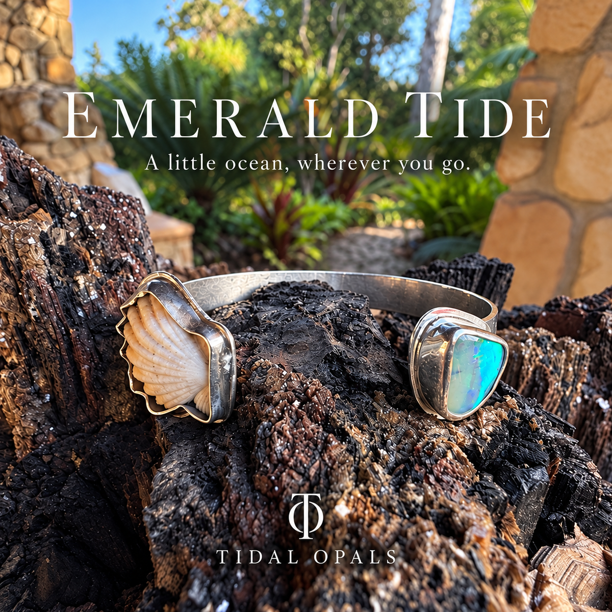 Emerald Tide Boulder Opal with Sunrise Seashell Cuff