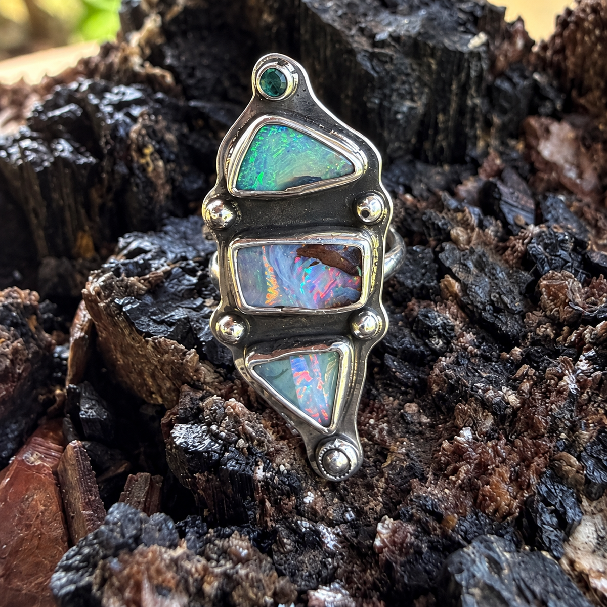 Tidal Totem — Three-Stone Opal Ring with Topaz