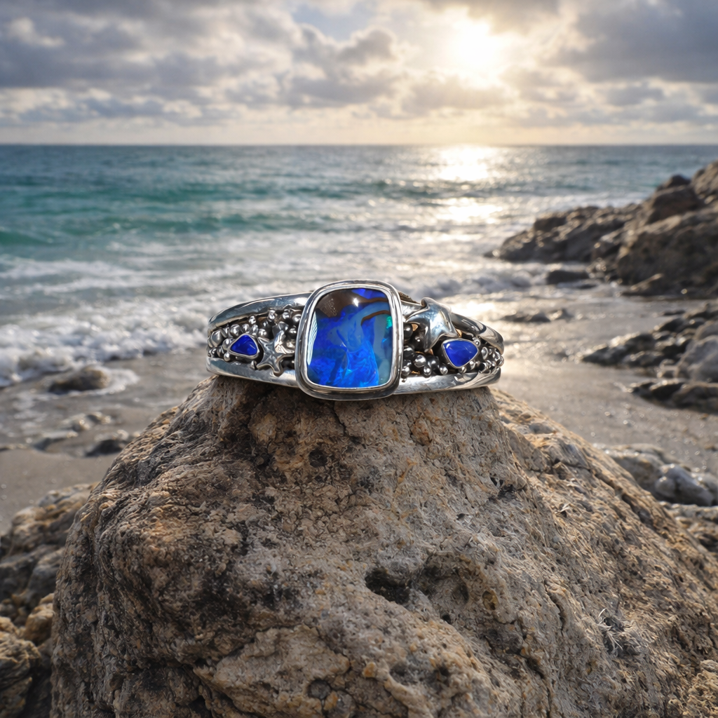 Ocean Star Australian Boulder Opal + Sterling Silver Cuff
