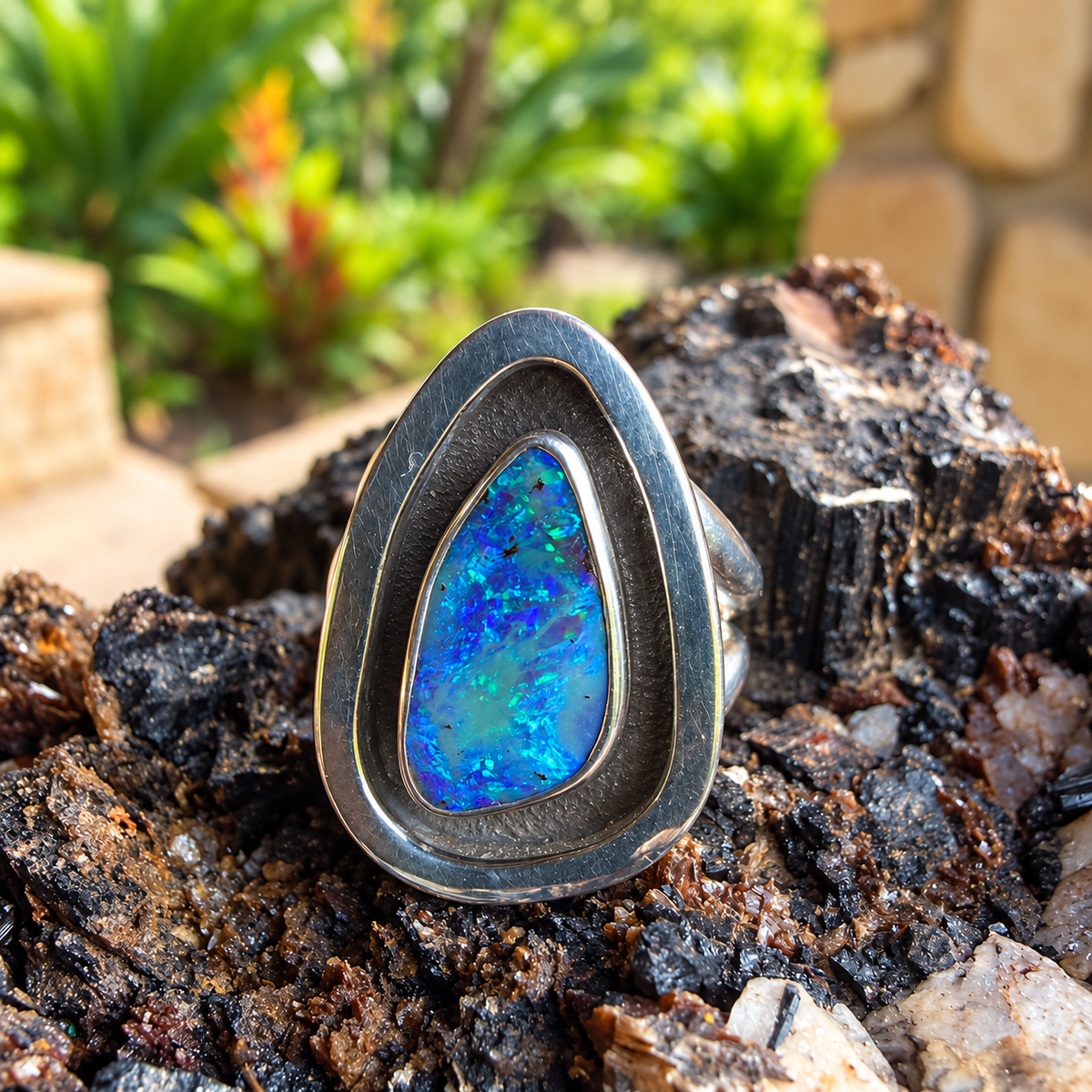 Lagoon Mirage – Boulder Opal Shadowbox Ring