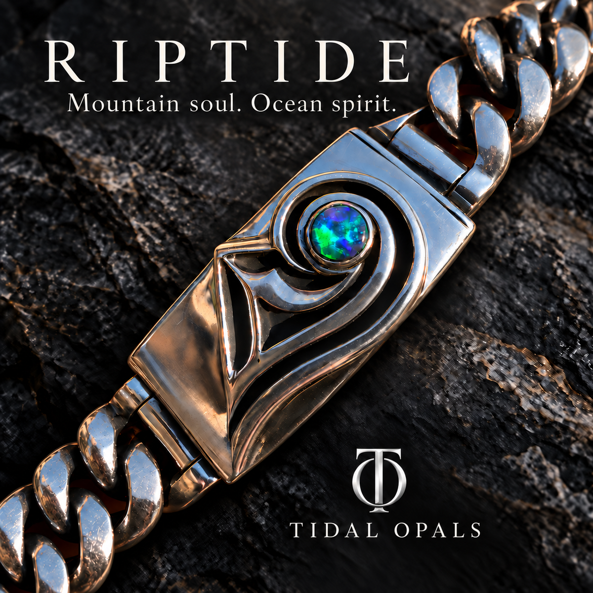 Riptide silver Cuban-link bracelet with sculpted wave details and a round blue-green Lightning Ridge opal

