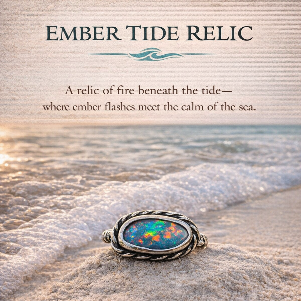 Ember Tide Relic – Fossilized Seashell Opal Ring