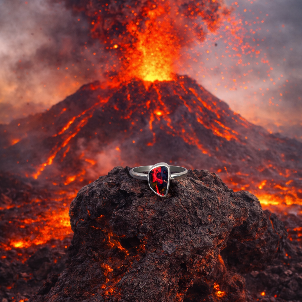Colorful Volcanic Ember Red Australian Boulder Opal Ring