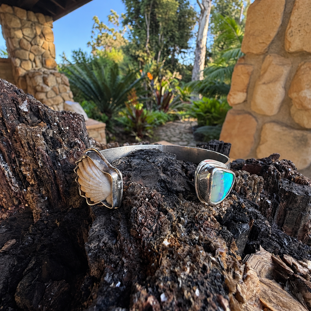 Emerald Tide Boulder Opal with Sunrise Seashell Cuff