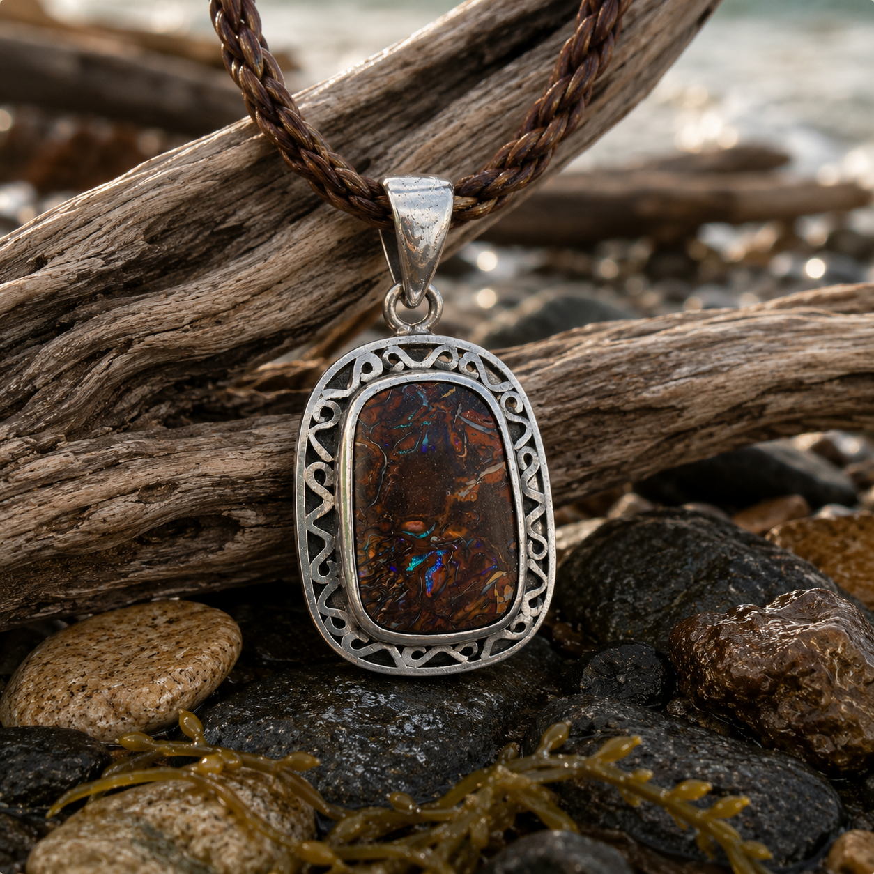 Coastal Relic handcrafted Australian boulder opal pendant in sterling silver featuring an intricately engraved openwork frame and vibrant blue flashes in natural ironstone.