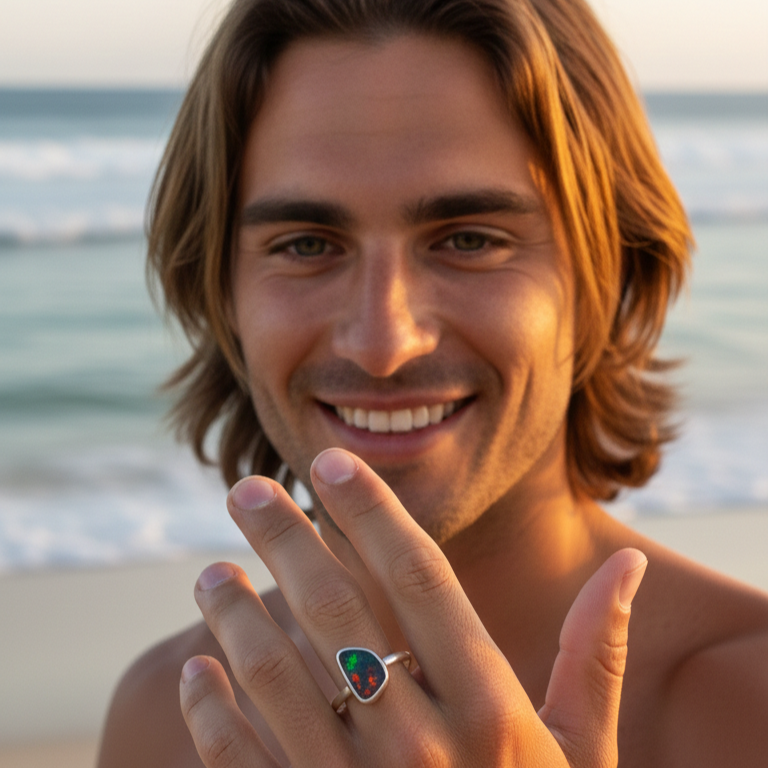 Colorful Volcanic Ember Red Australian Boulder Opal Ring