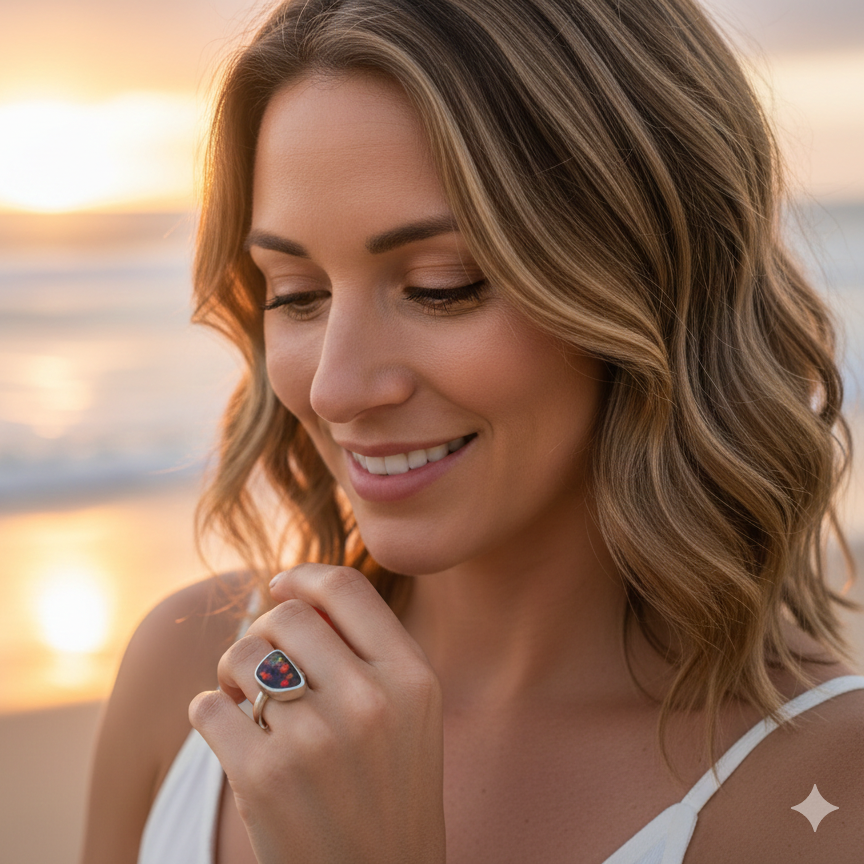 Colorful Volcanic Ember Red Australian Boulder Opal Ring