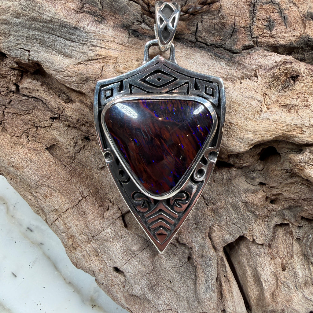 Ember War Relic Australian Boulder Opal pendant handcrafted in sterling silver by TIDAL OPALS.