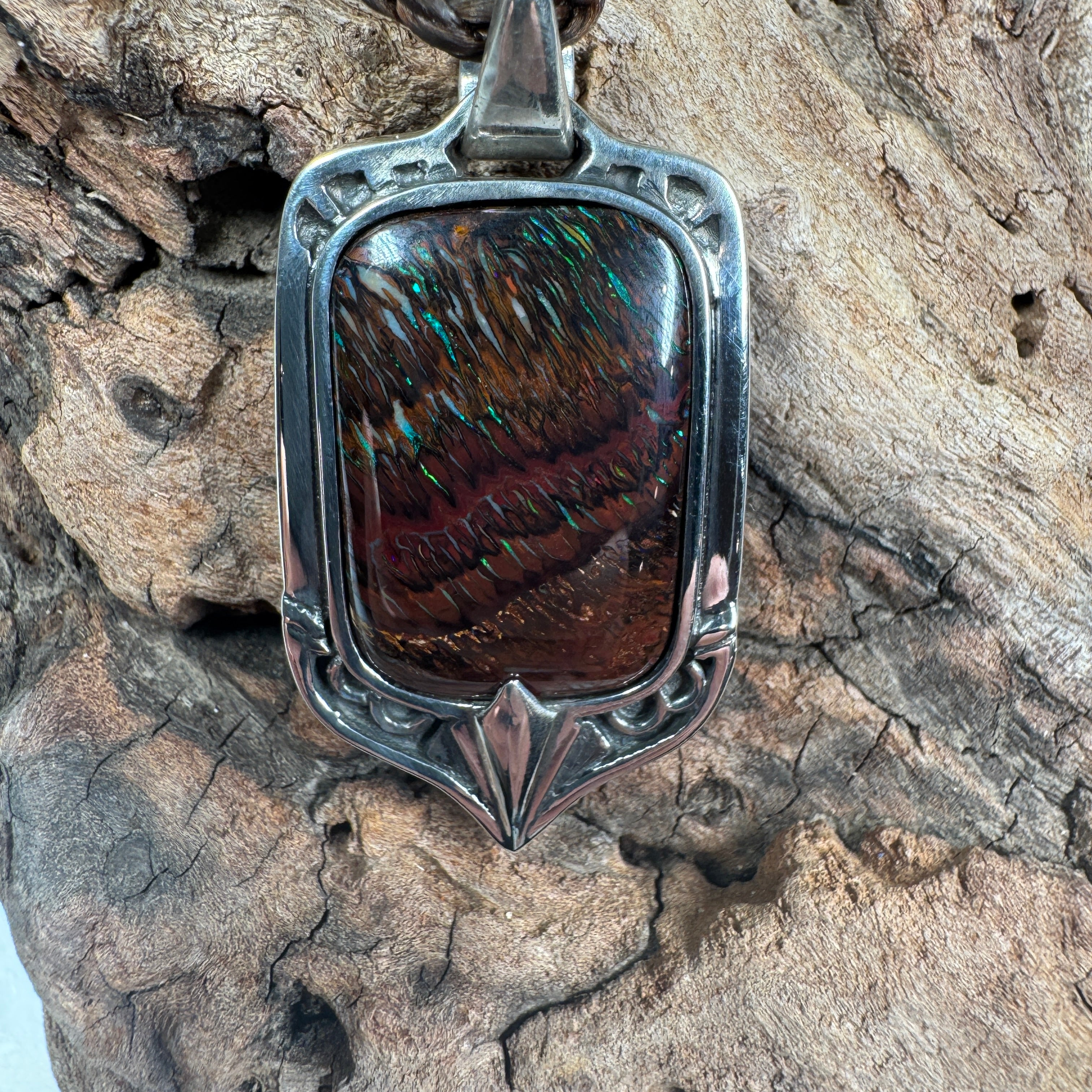 Ember Current – Australian Boulder Opal Shield Pendant