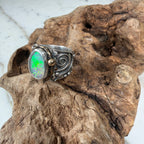 Sunlit Lagoon handcrafted Australian Coober Pedy opal ring in .925 sterling silver with a 14K gold rope bezel accent and gold accent ball.