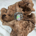 Sunlit Lagoon handcrafted Australian Coober Pedy opal ring in .925 sterling silver with a 14K gold rope bezel accent and gold accent ball.
