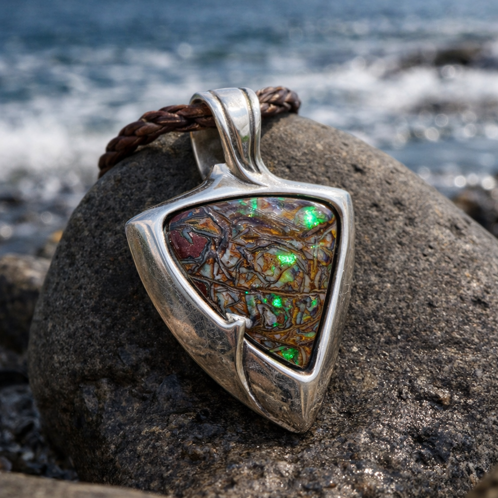premium Australian boulder opal pendant with deep green iridescence