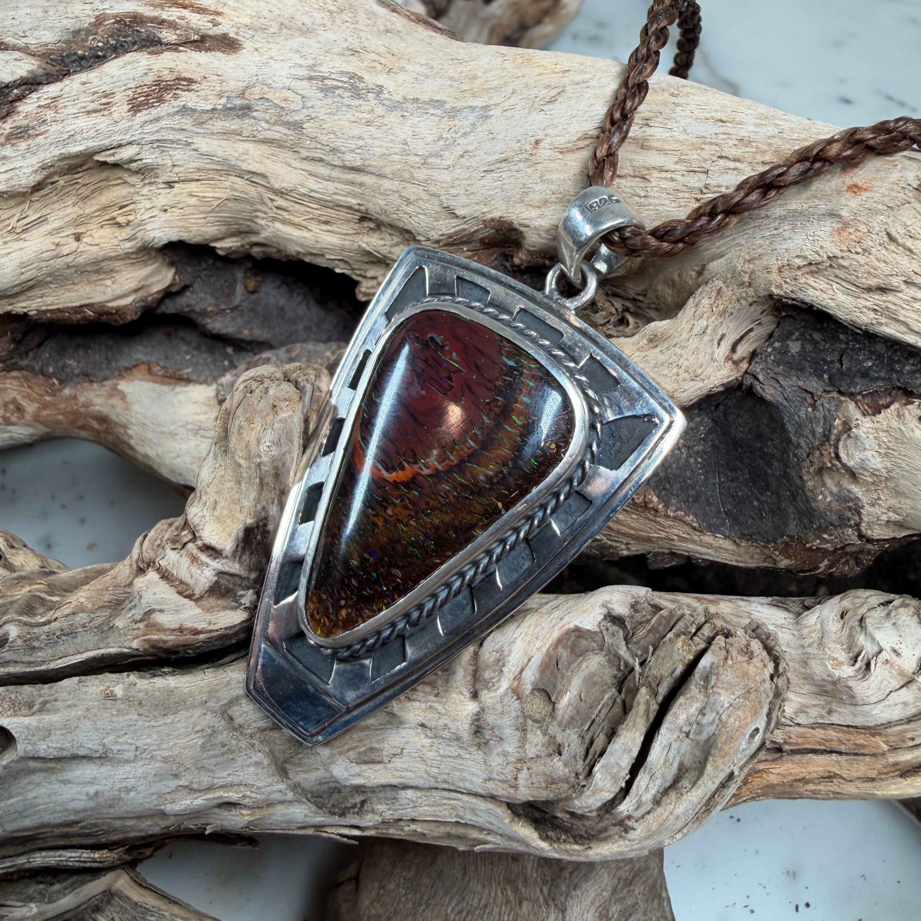 Luxury TIDAL OPALS Iron Bastion pendant crafted in solid .925 sterling silver with a unique natural Koroit Boulder Opal.