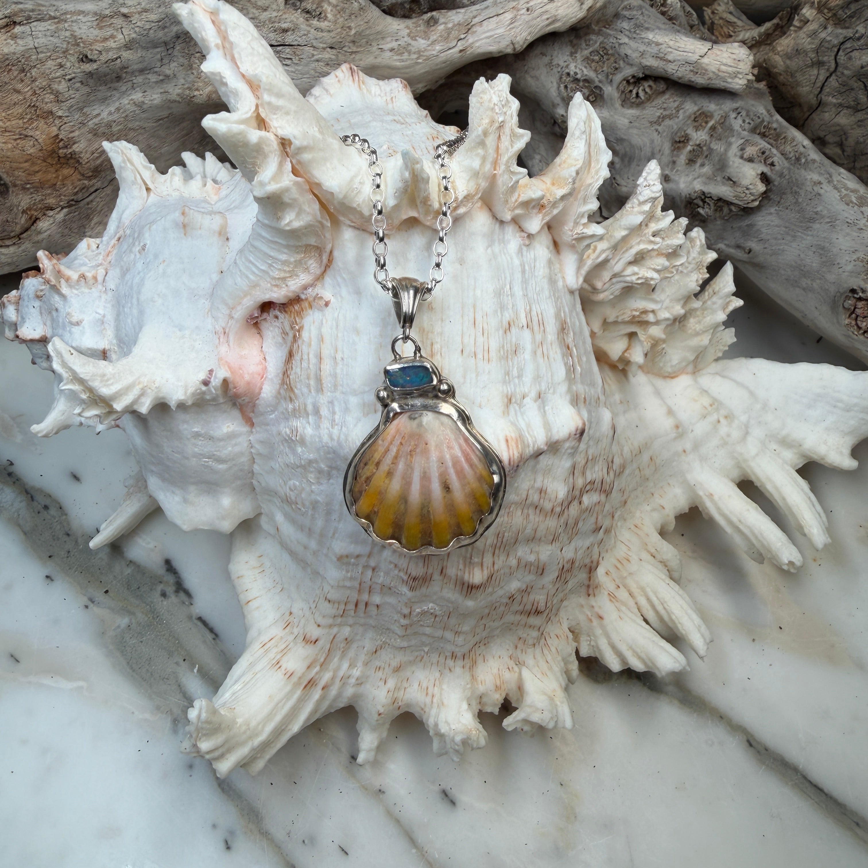 Kai Lā Sunrise Shell and Fire Boulder Opal Pendant
