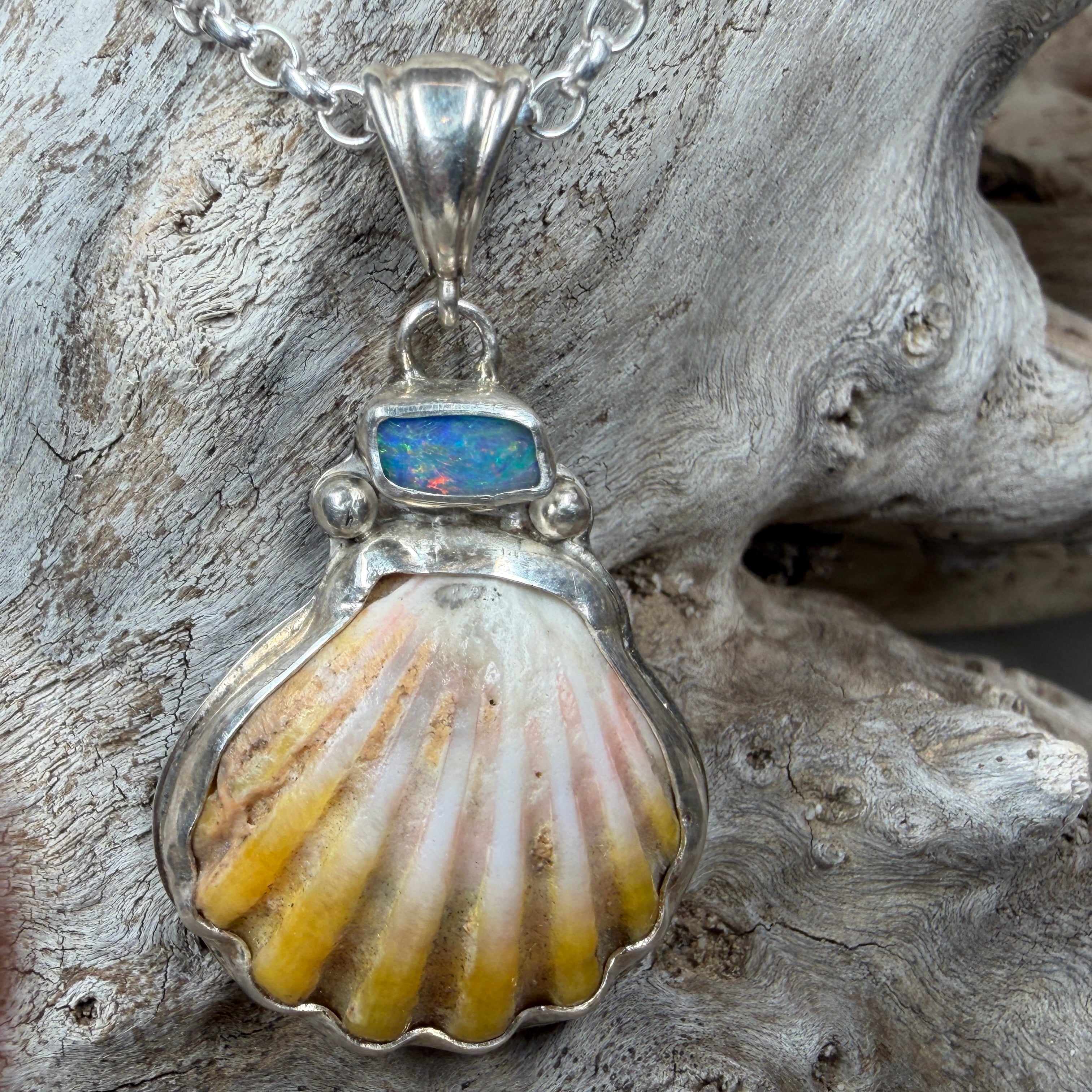 Kai Lā Sunrise Shell and Fire Boulder Opal Pendant