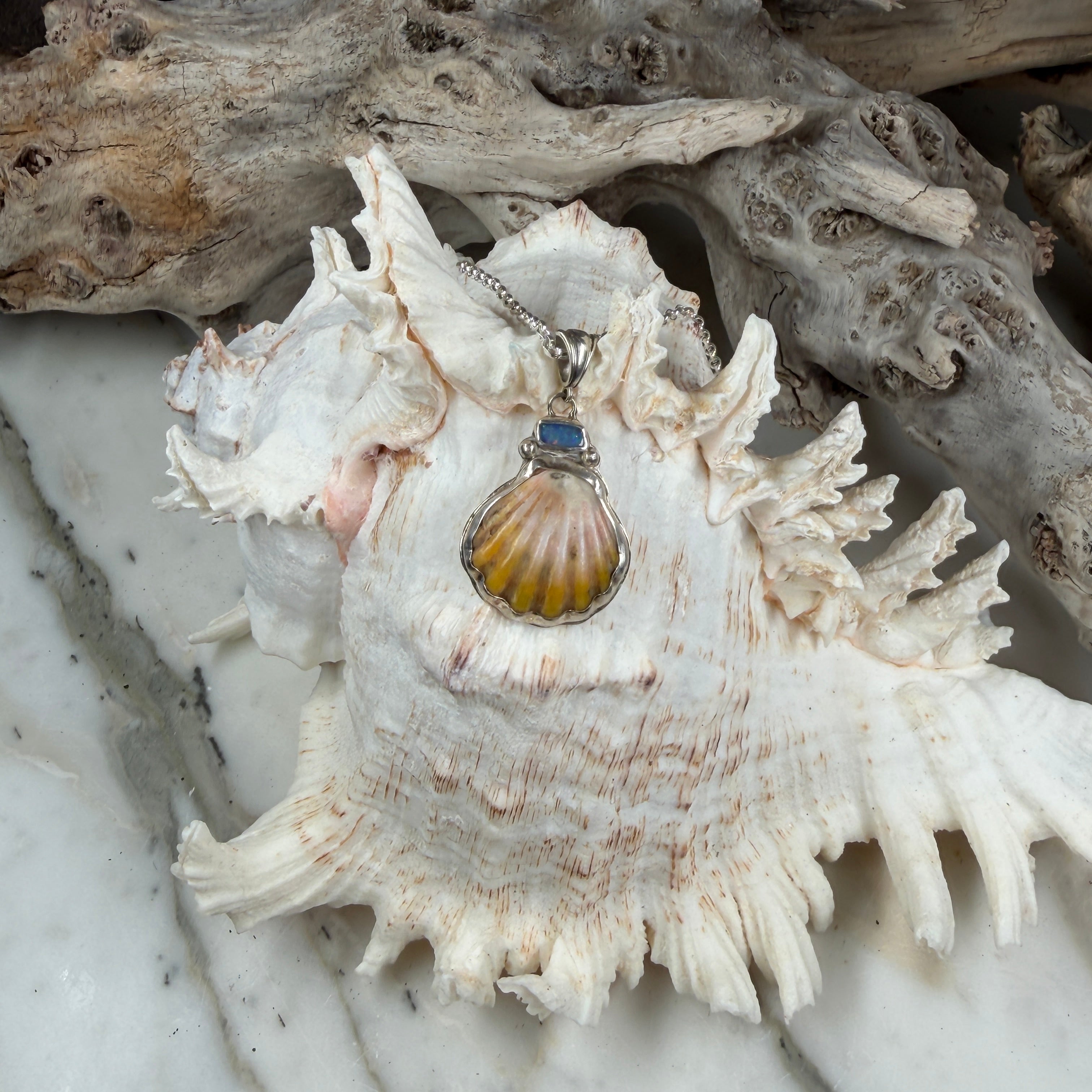 Kai Lā Sunrise Shell and Fire Boulder Opal Pendant