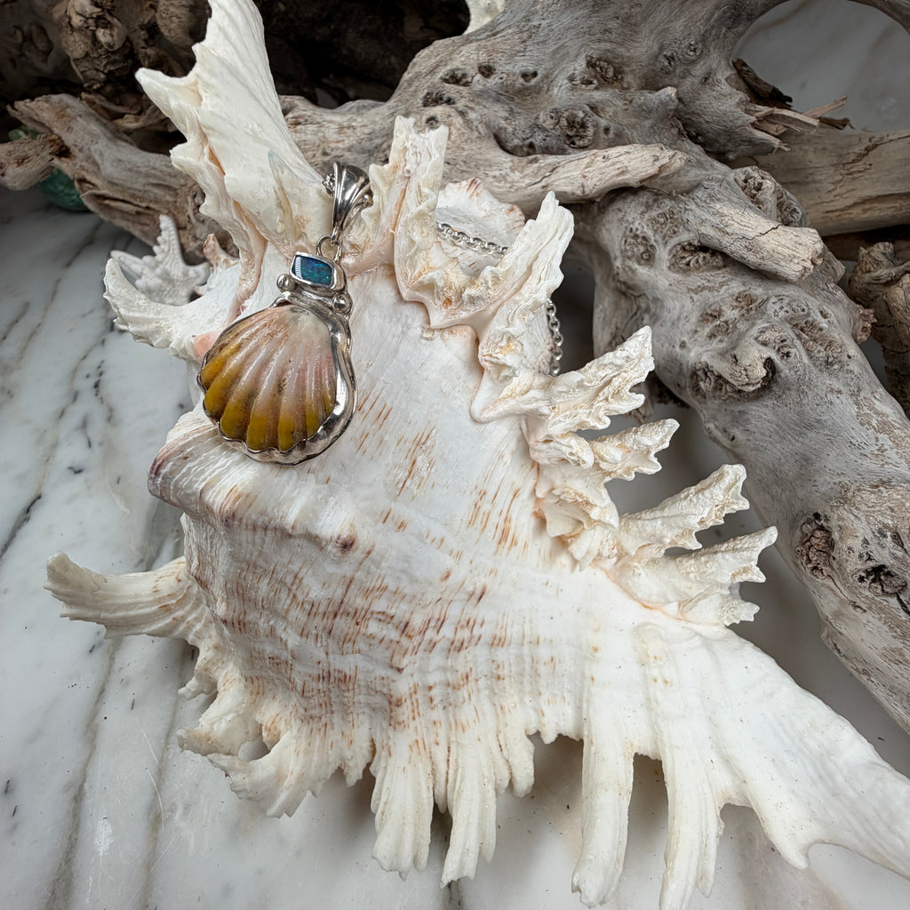 Kai Lā Sunrise Shell and Fire Boulder Opal Pendant