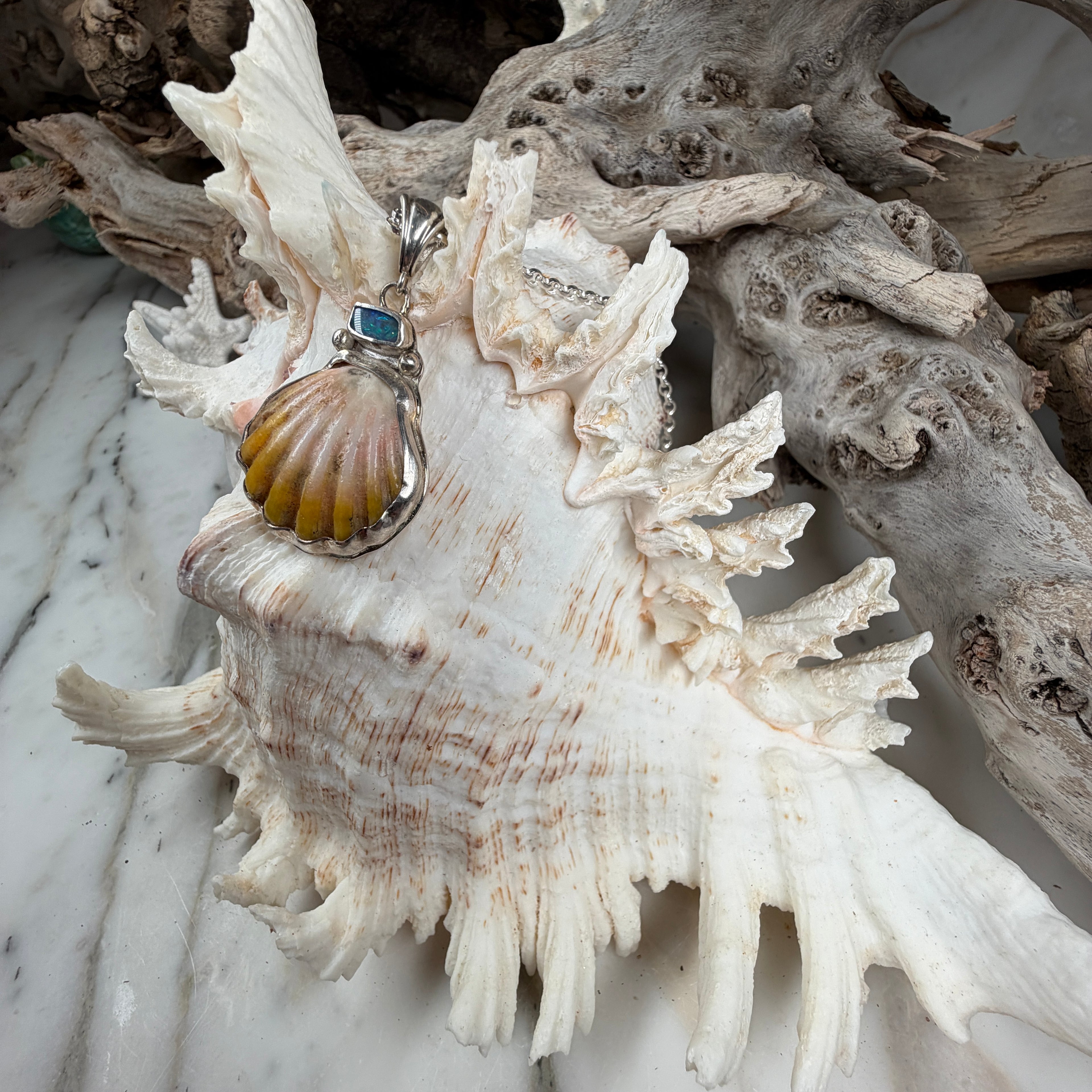 Kai Lā Sunrise Shell and Fire Boulder Opal Pendant