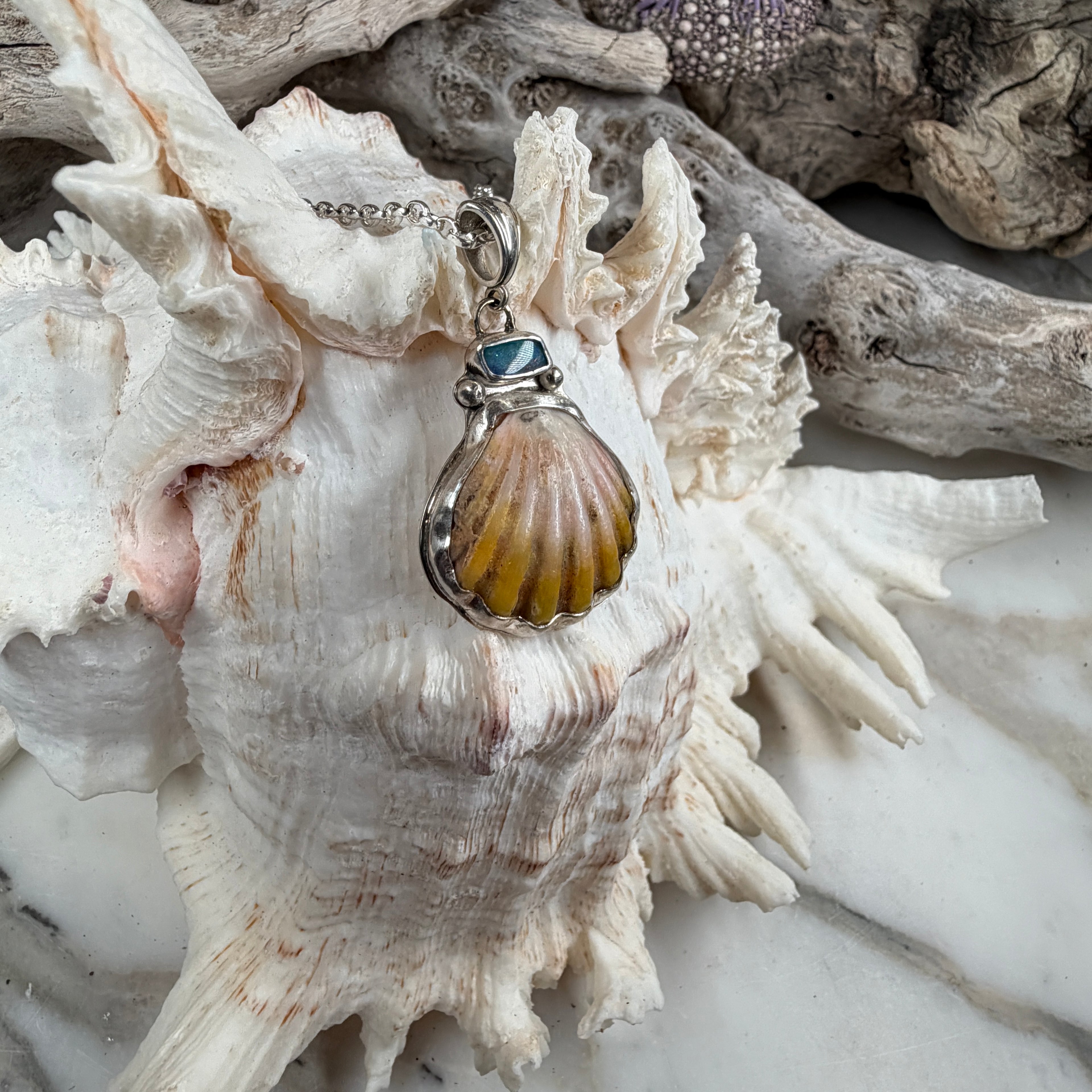 Kai Lā Sunrise Shell and Fire Boulder Opal Pendant