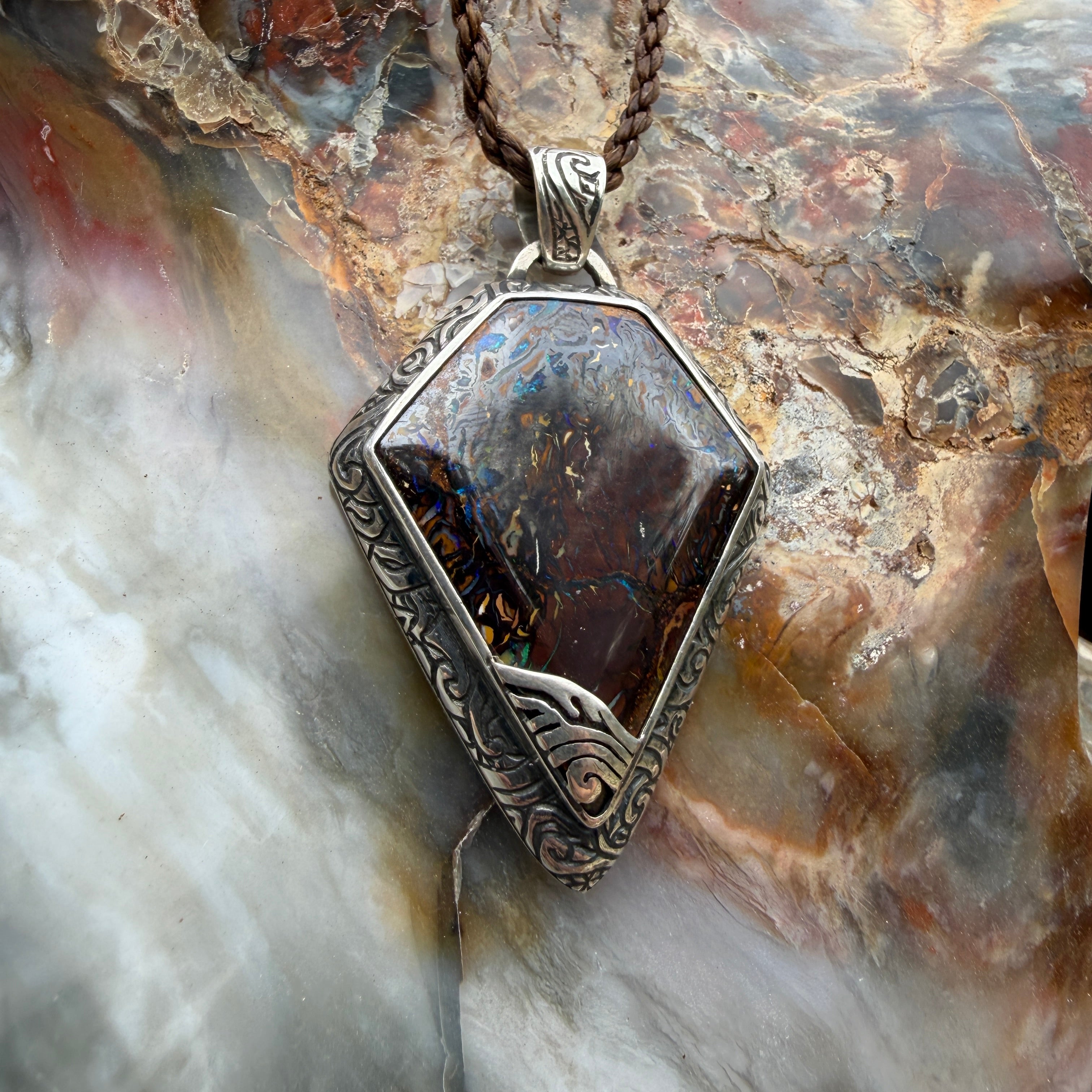 One-of-one TIDAL OPALS Ancient Veil pendant featuring genuine Australian Boulder Opal and sterling silver craftsmanship.