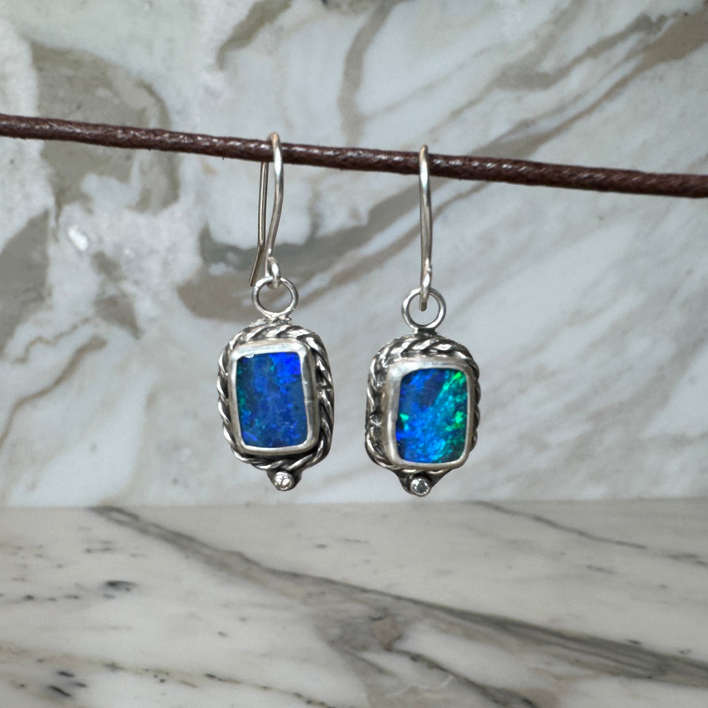 Blue Green Australian Boulder Opal + White Topaz Earrings