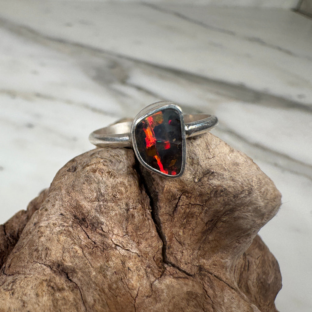 Colorful Volcanic Ember Red Australian Boulder Opal Ring