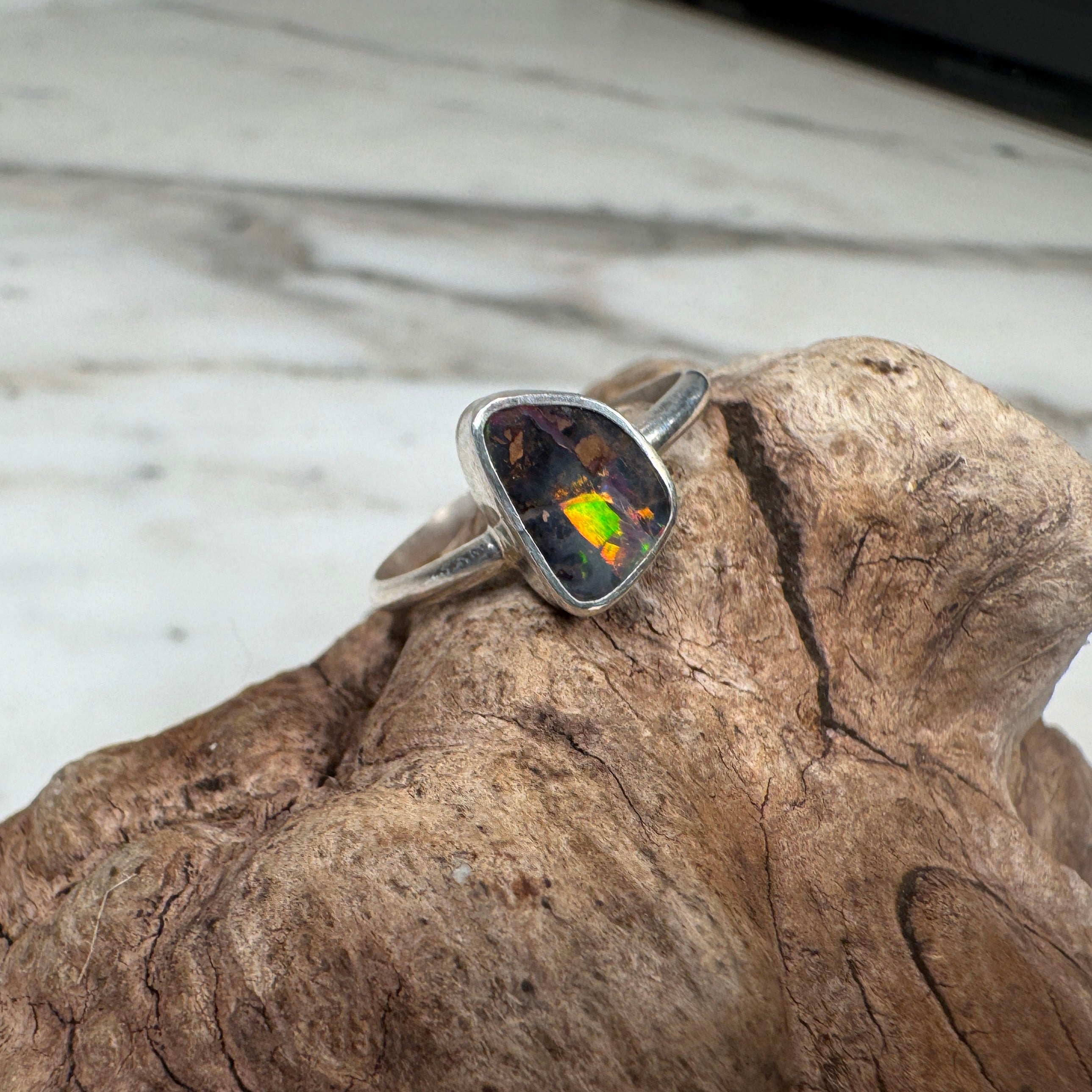 Colorful Volcanic Ember Red Australian Boulder Opal Ring