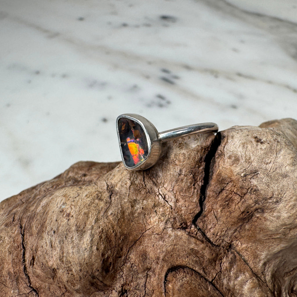 Colorful Volcanic Ember Red Australian Boulder Opal Ring