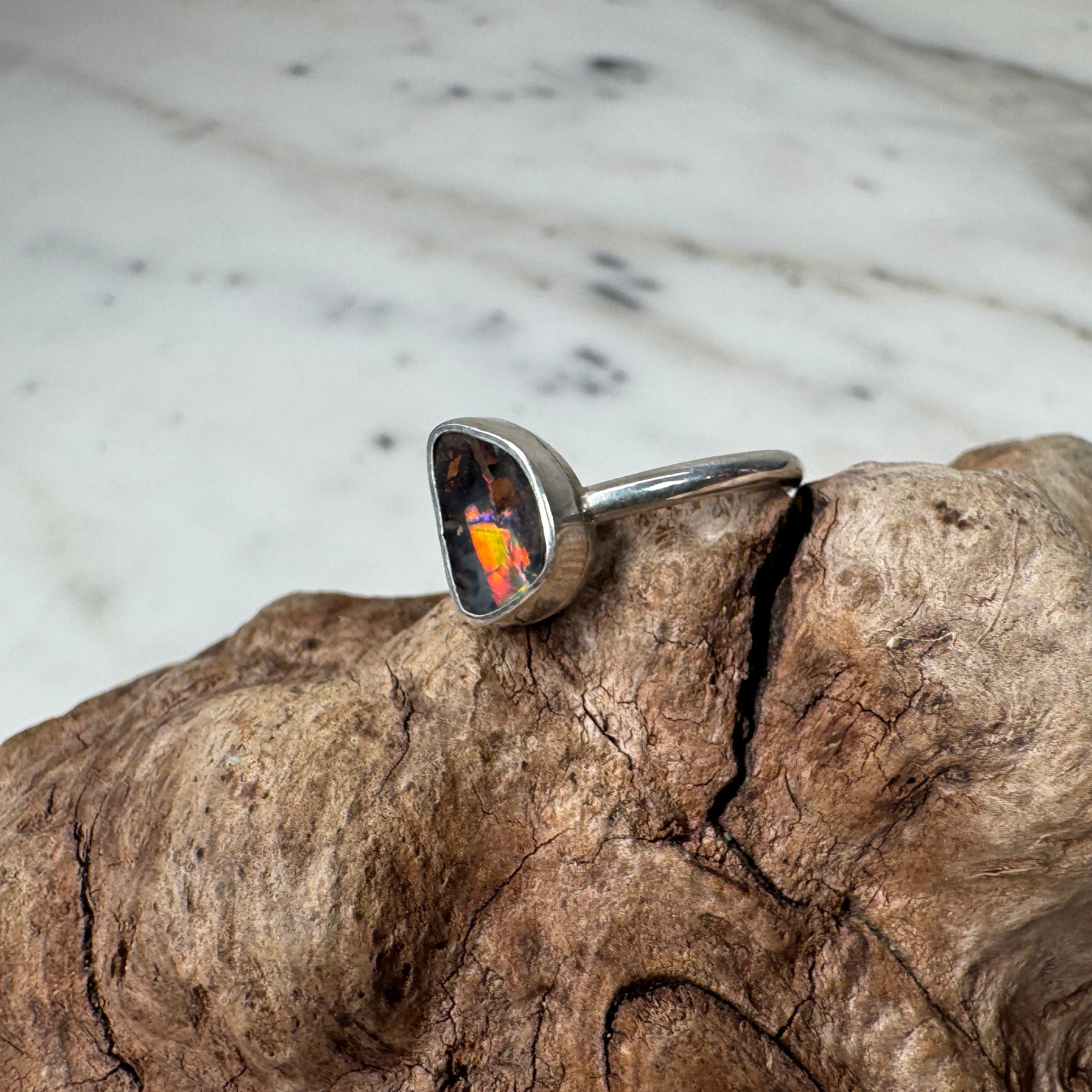 Colorful Volcanic Ember Red Australian Boulder Opal Ring