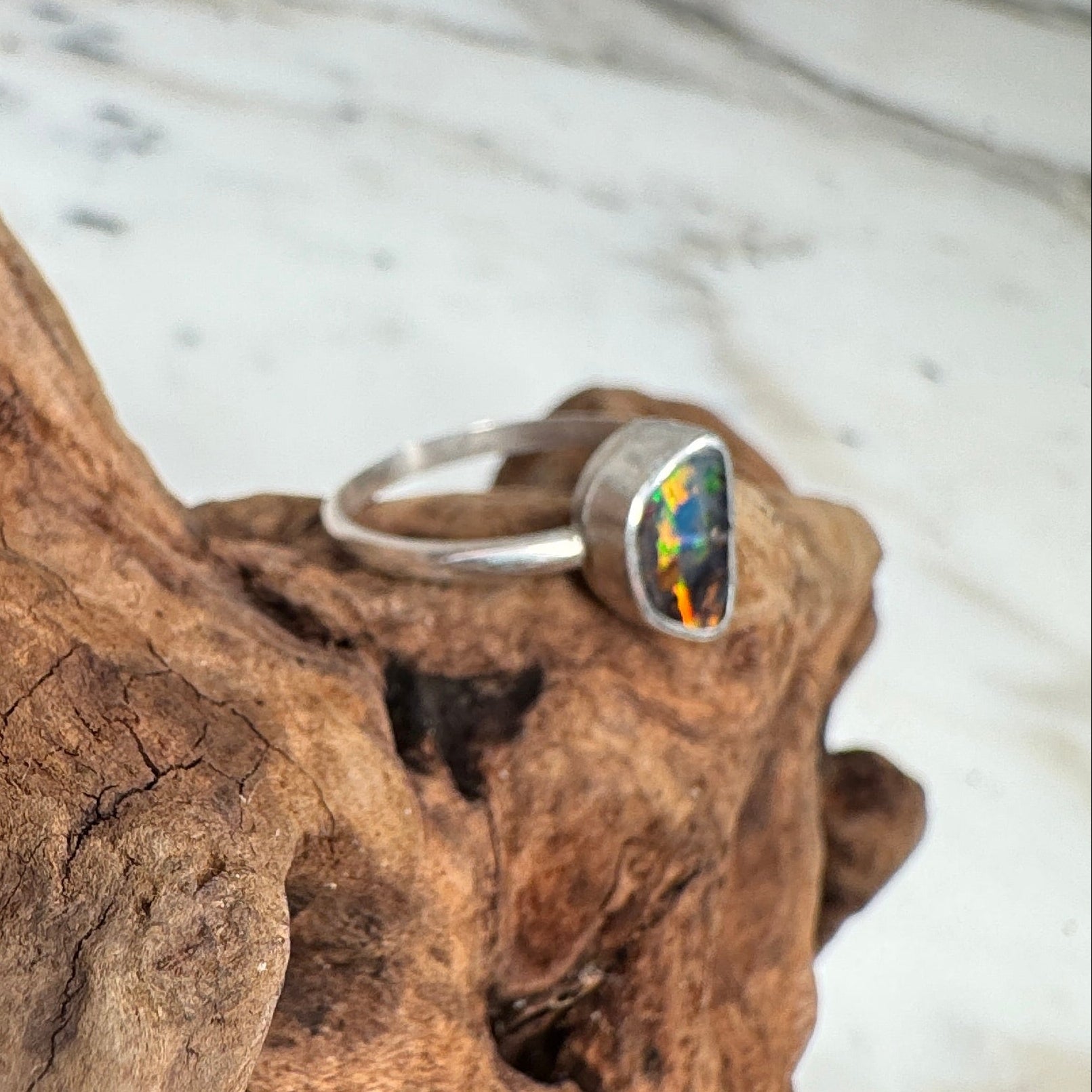 Colorful Volcanic Ember Red Australian Boulder Opal Ring