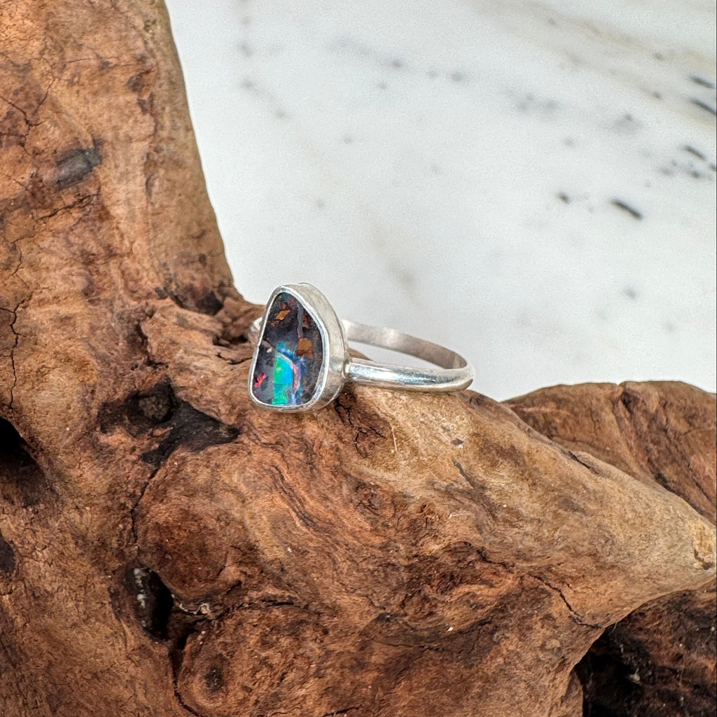 Colorful Volcanic Ember Red Australian Boulder Opal Ring