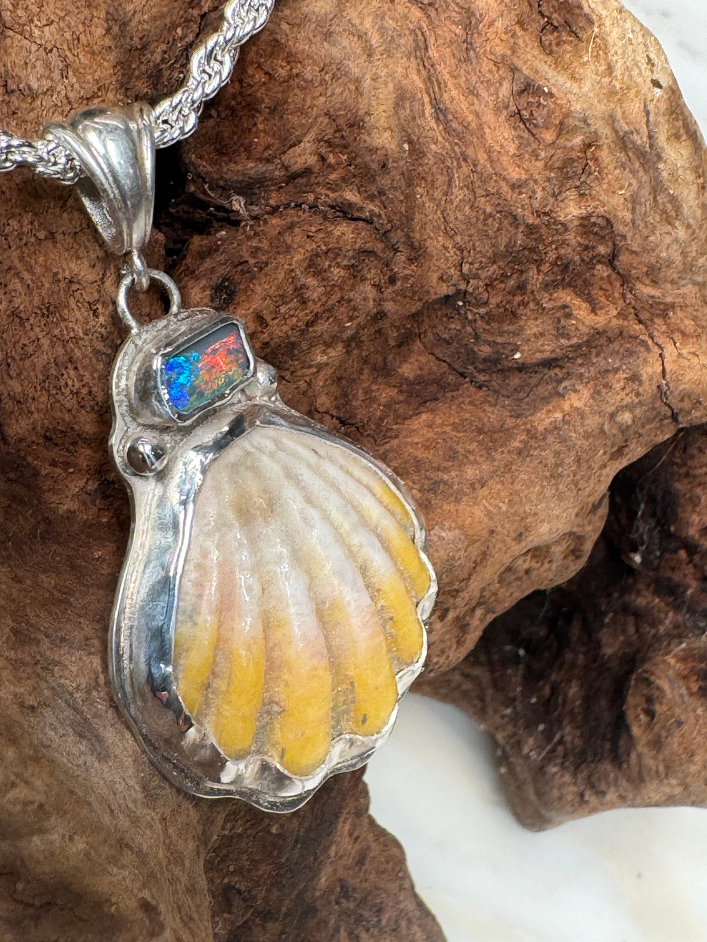 Sunrise Shell with Australian Boulder Opal Pendant Necklace