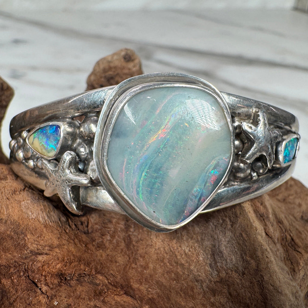 Ocean Inspired Australian Boulder Opal Cuff with Accent Opals + Starfish