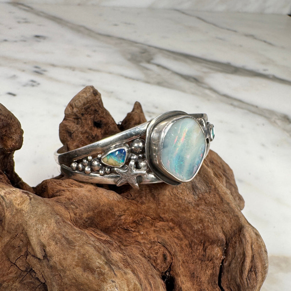 Ocean Inspired Australian Boulder Opal Cuff with Accent Opals + Starfish