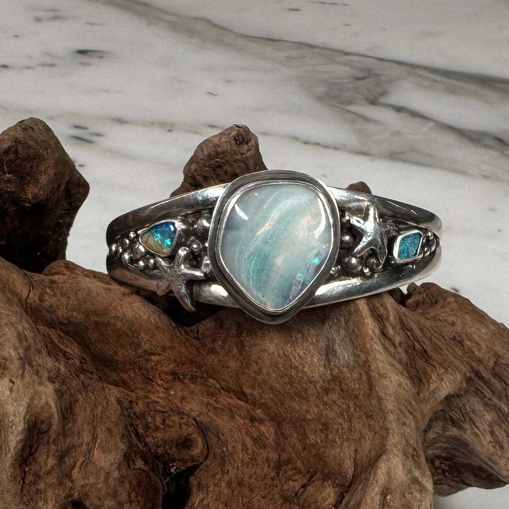 Ocean Inspired Australian Boulder Opal Cuff with Accent Opals + Starfish