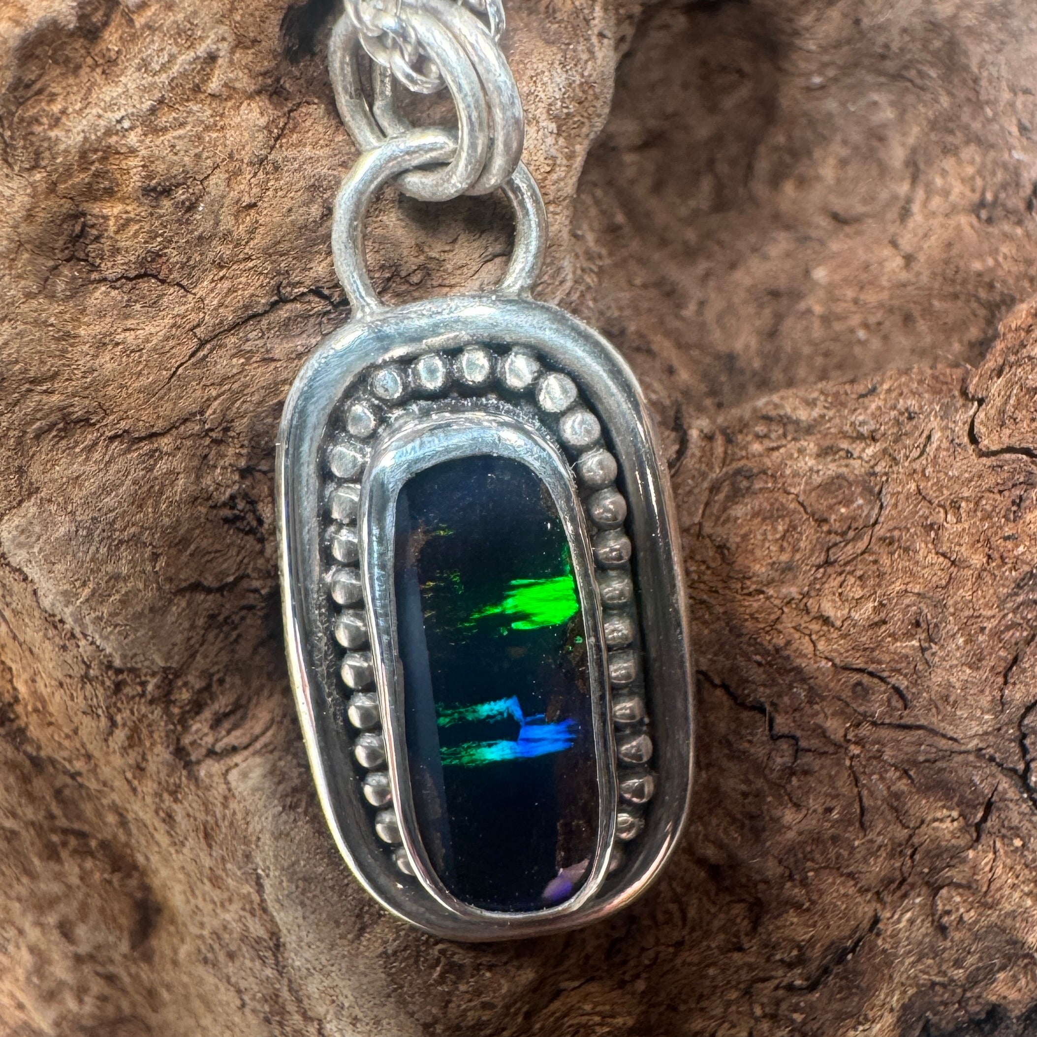Blue Fire Elongated Australian Boulder Opal Pendant