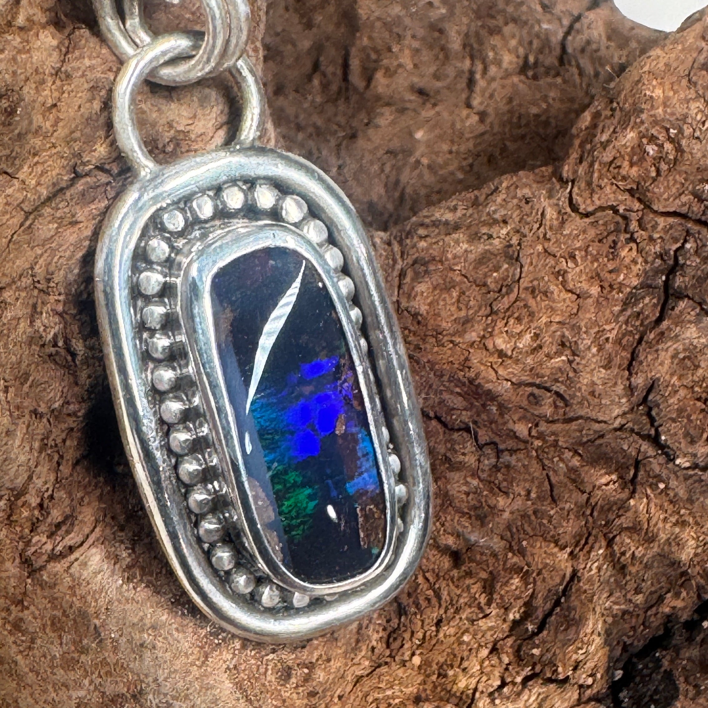 Blue Fire Elongated Australian Boulder Opal Pendant