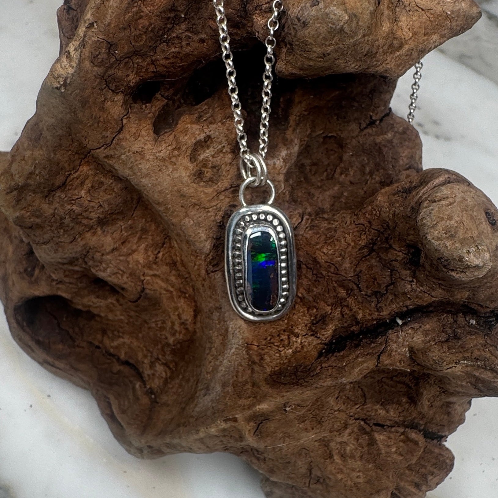 Blue Fire Elongated Australian Boulder Opal Pendant