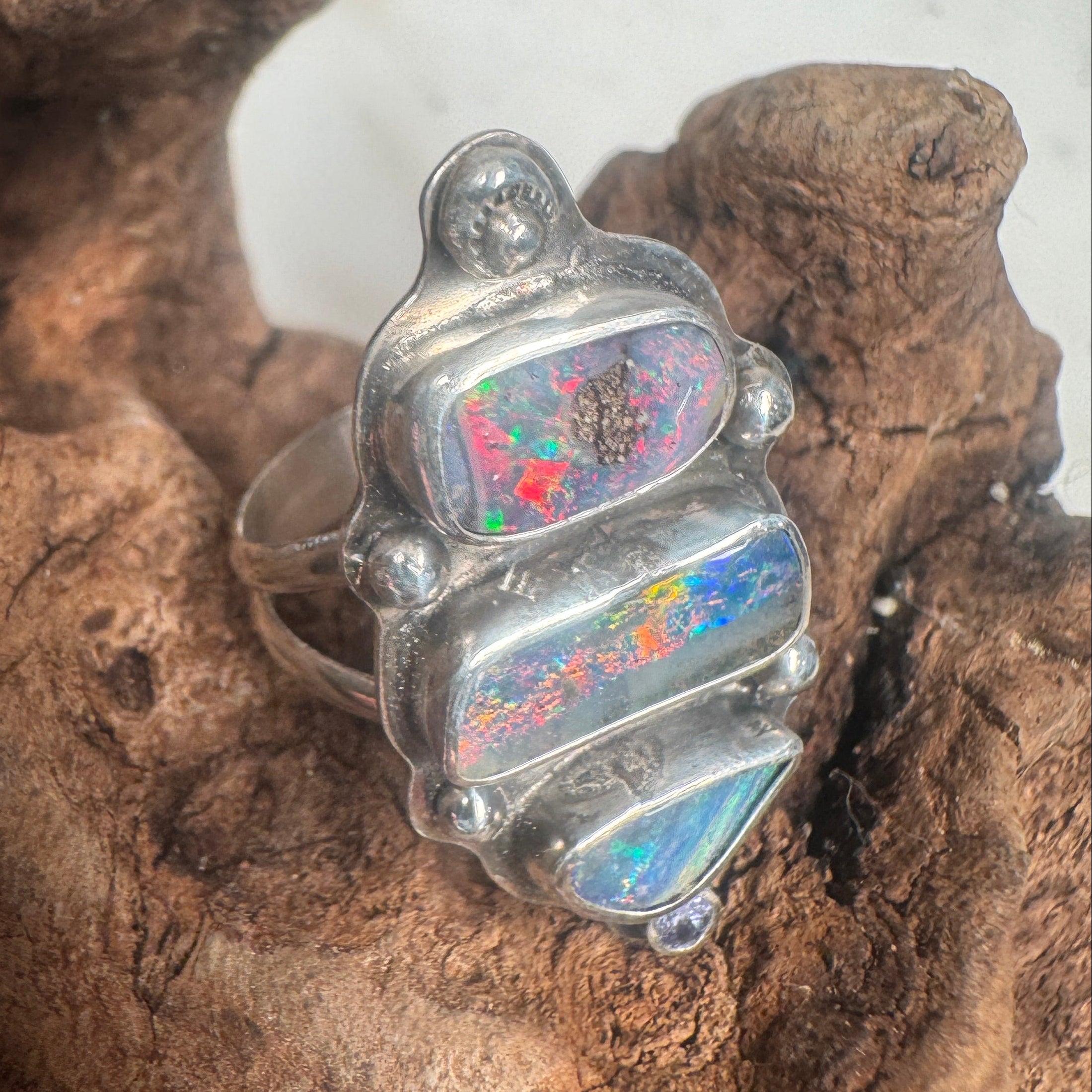 Ocean Fire Trinity Australian Boulder Opal Ring